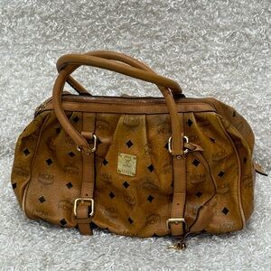 MCM Cognac Leather Satchel with Gold Accents